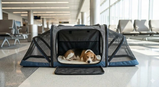 Small dog in a travel carrier at an airport